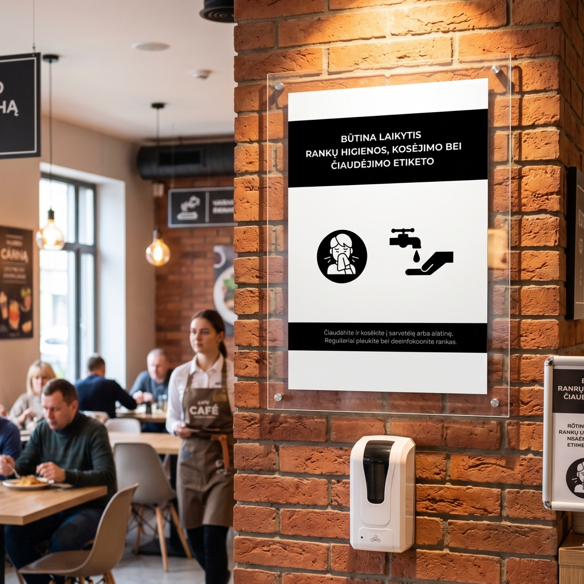 Rankų higienos, kosėjimo ir čiaudėjimo etiketo plakatas viešojo maitinimo įmonėms
