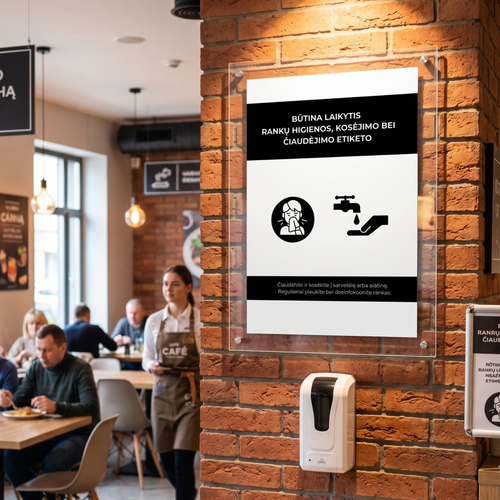Rankų higienos, kosėjimo ir čiaudėjimo etiketo plakatas viešojo maitinimo įmonėms